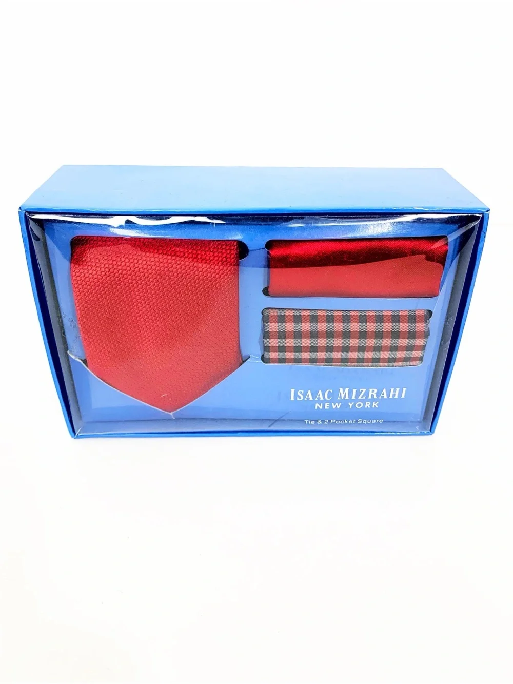 Isaac Mizrahi Red Tie with Matching Solid and Plaid Pocket Squares
